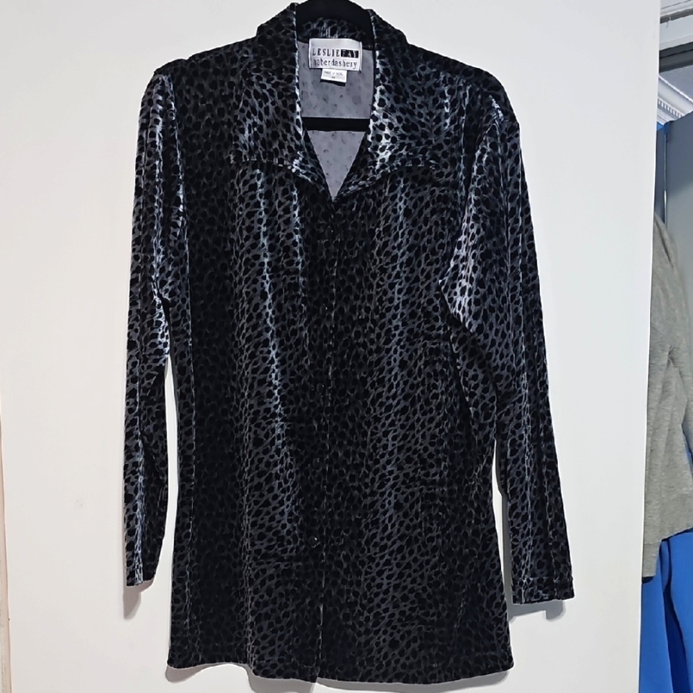 Leslie Fay Haberdashery Black Silver Gray Velvet Animal Print Jacket Top Medium